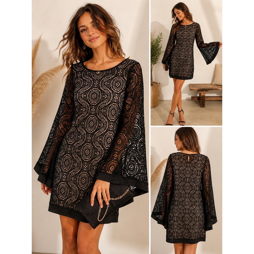 Emma Michele Black Crochet Lace Shift Dress Bell Sleeve Medium
